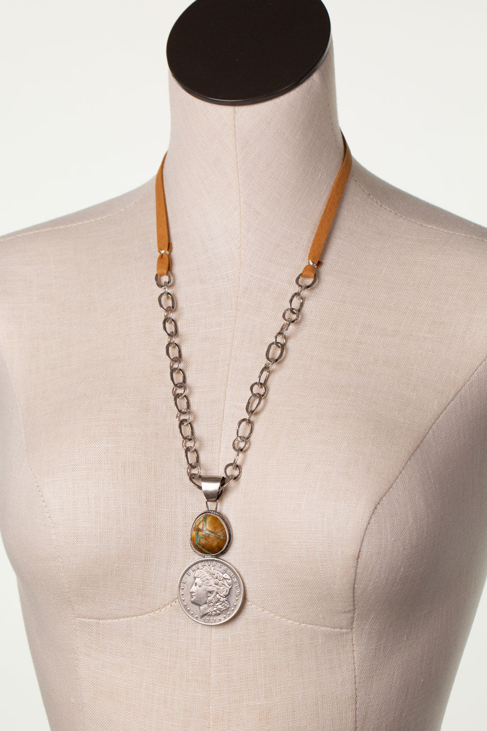 One Of A Kind 34" Silver Dollar With Boulder Turquoise Statement Necklace