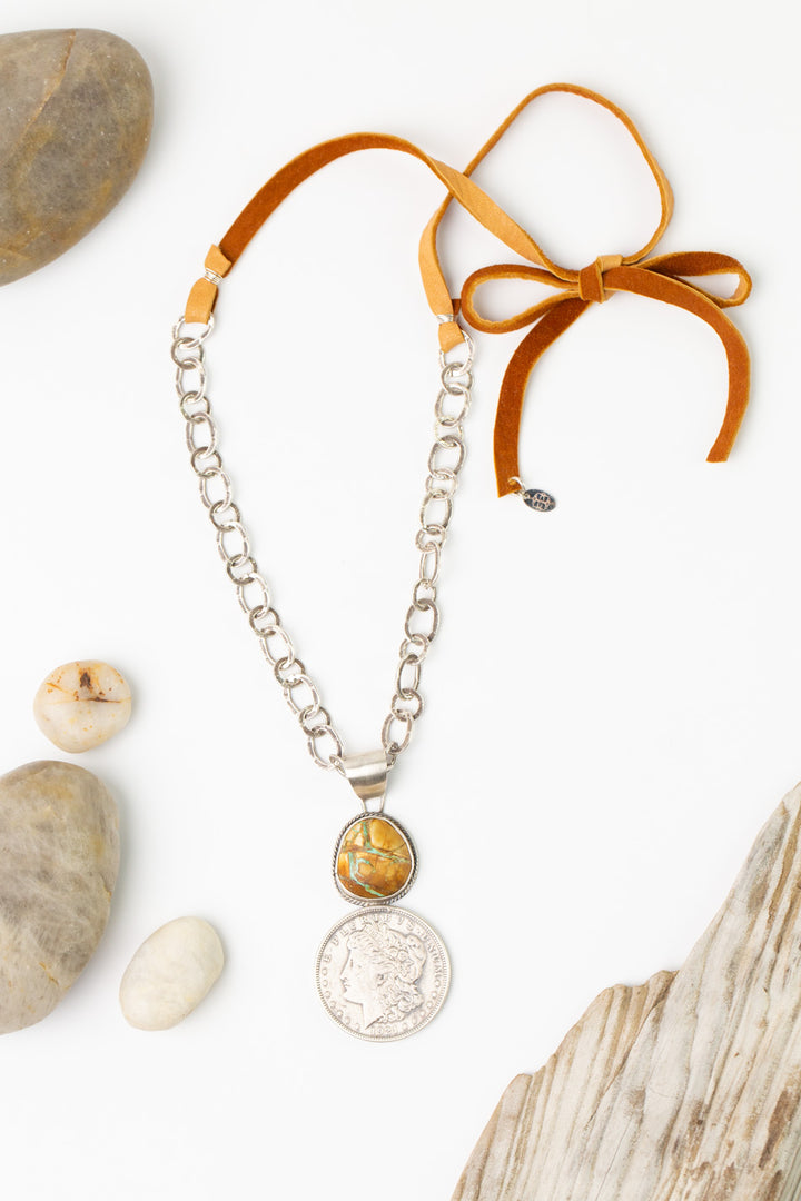One Of A Kind 34" Silver Dollar With Boulder Turquoise Statement Necklace