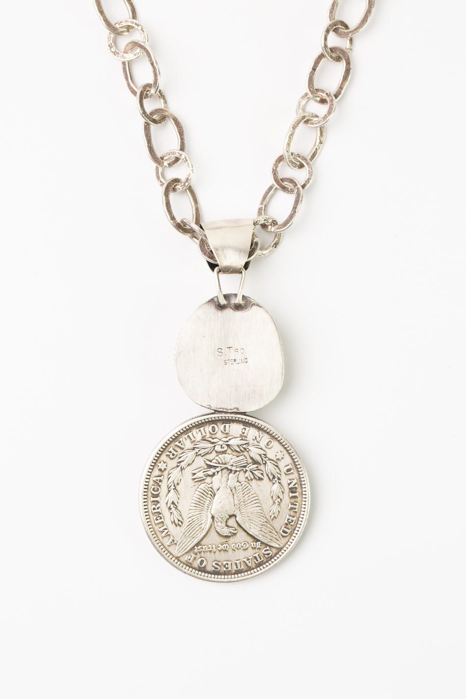 One Of A Kind 34" Silver Dollar With Boulder Turquoise Statement Necklace