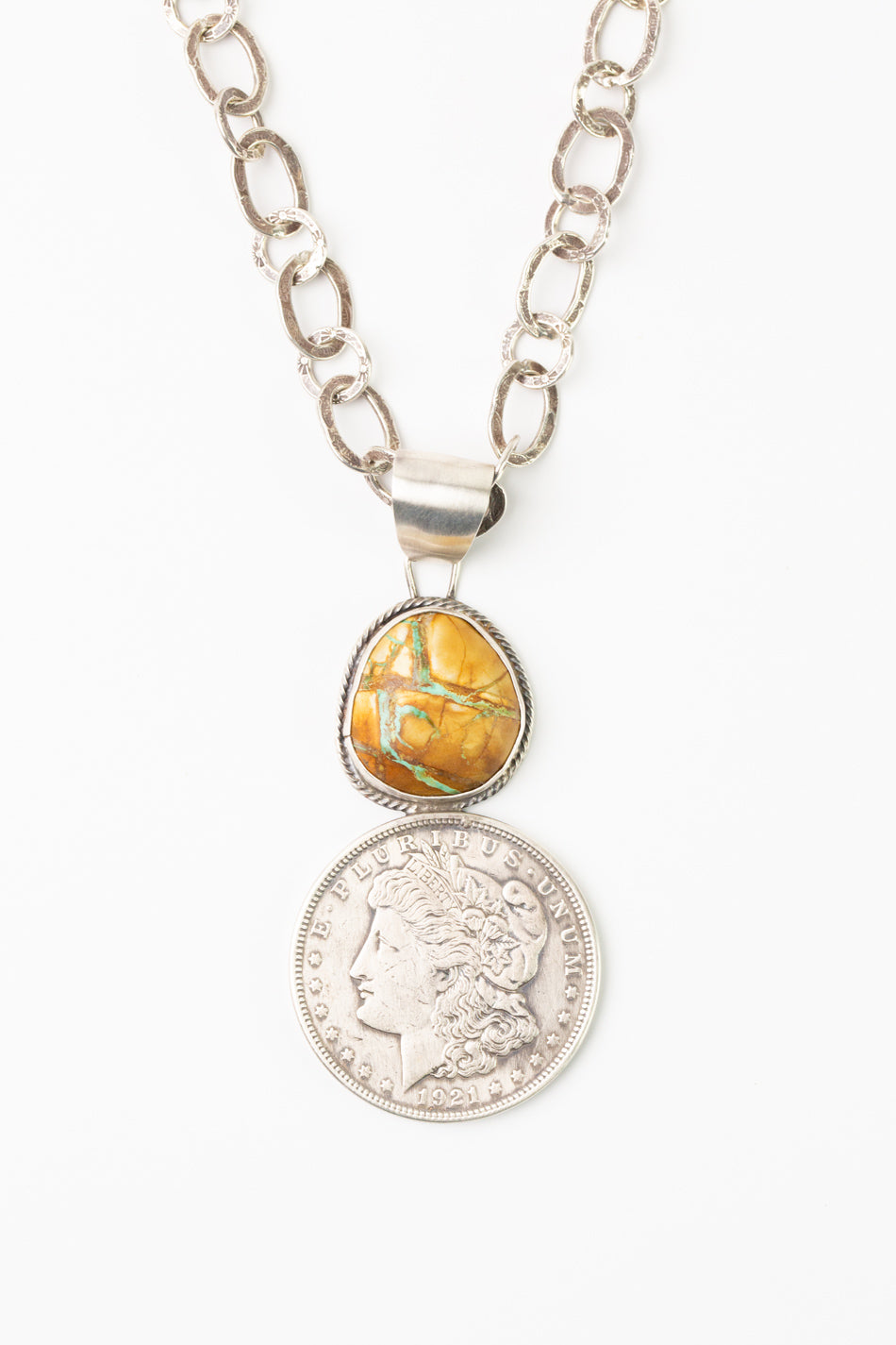One Of A Kind 34" Silver Dollar With Boulder Turquoise Statement Necklace