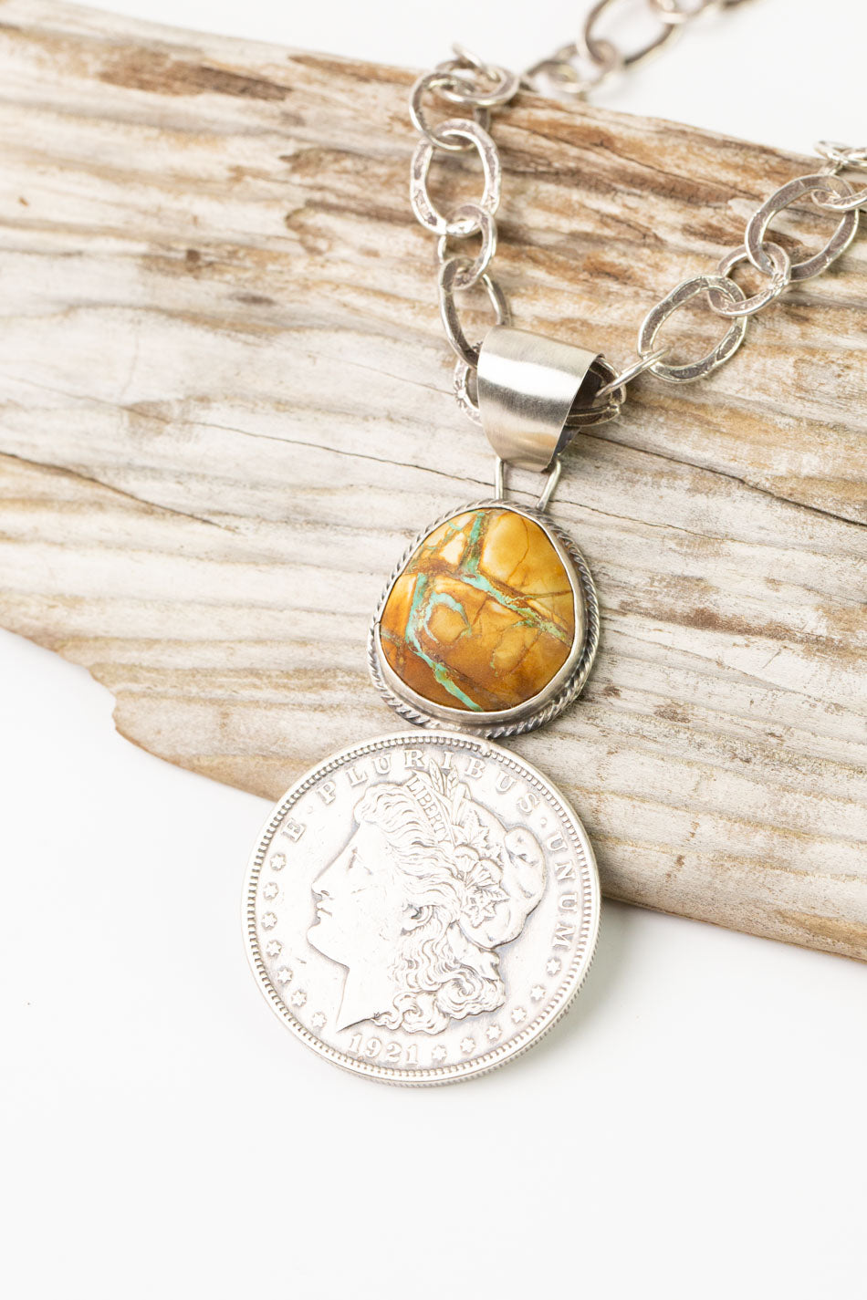 One Of A Kind 34" Silver Dollar With Boulder Turquoise Statement Necklace