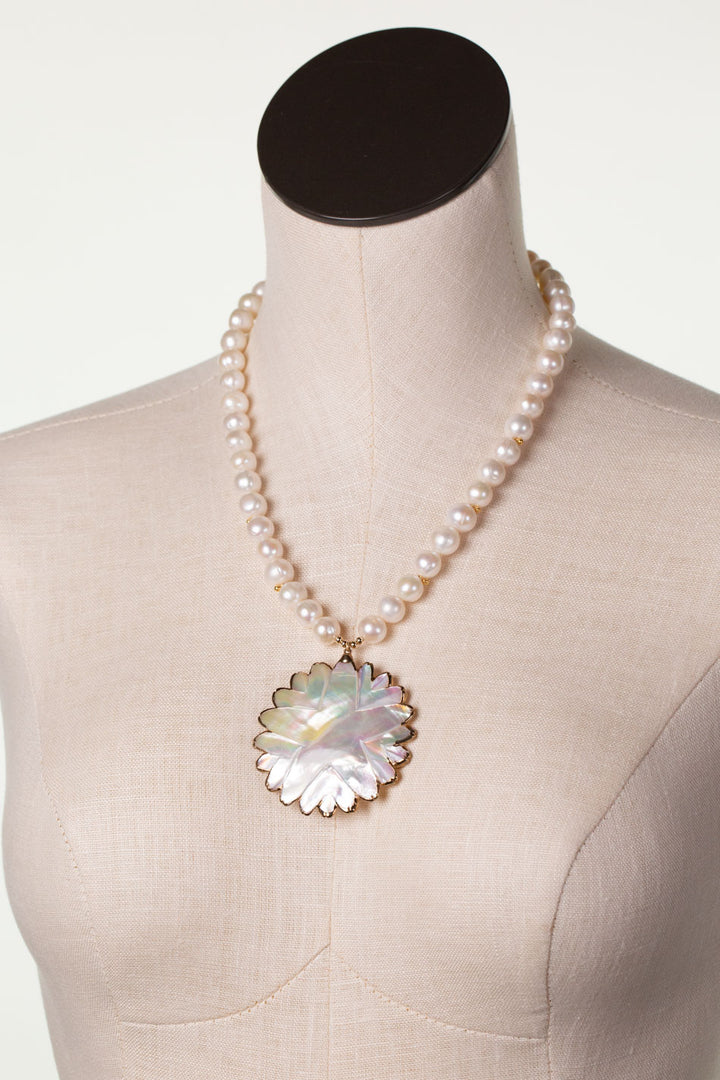 One Of A Kind 18.75-20.75" Freshwater Pearl With Mother Of Pearl Flower Statement Necklace