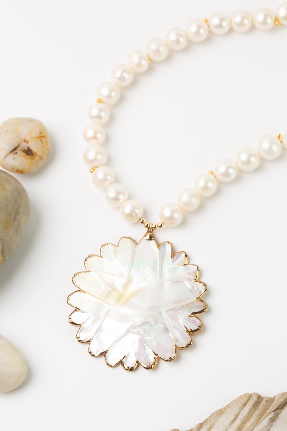 One Of A Kind 18.75-20.75" Freshwater Pearl With Mother Of Pearl Flower Statement Necklace