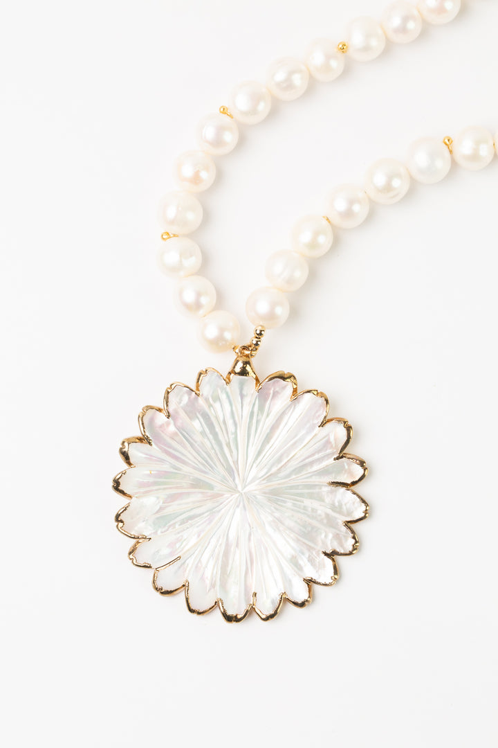 One Of A Kind 18.75-20.75" Freshwater Pearl With Mother Of Pearl Flower Statement Necklace