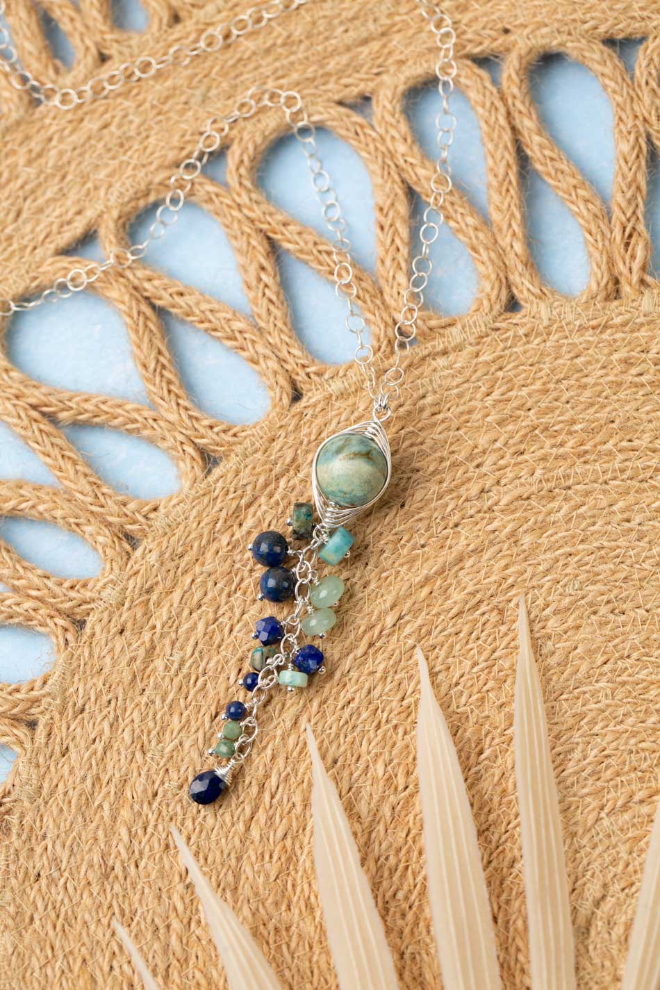 Pacifica 22-24" Blue Jasper With Lapis Lazuli And Aquamarine Dangles Herringbone Necklace