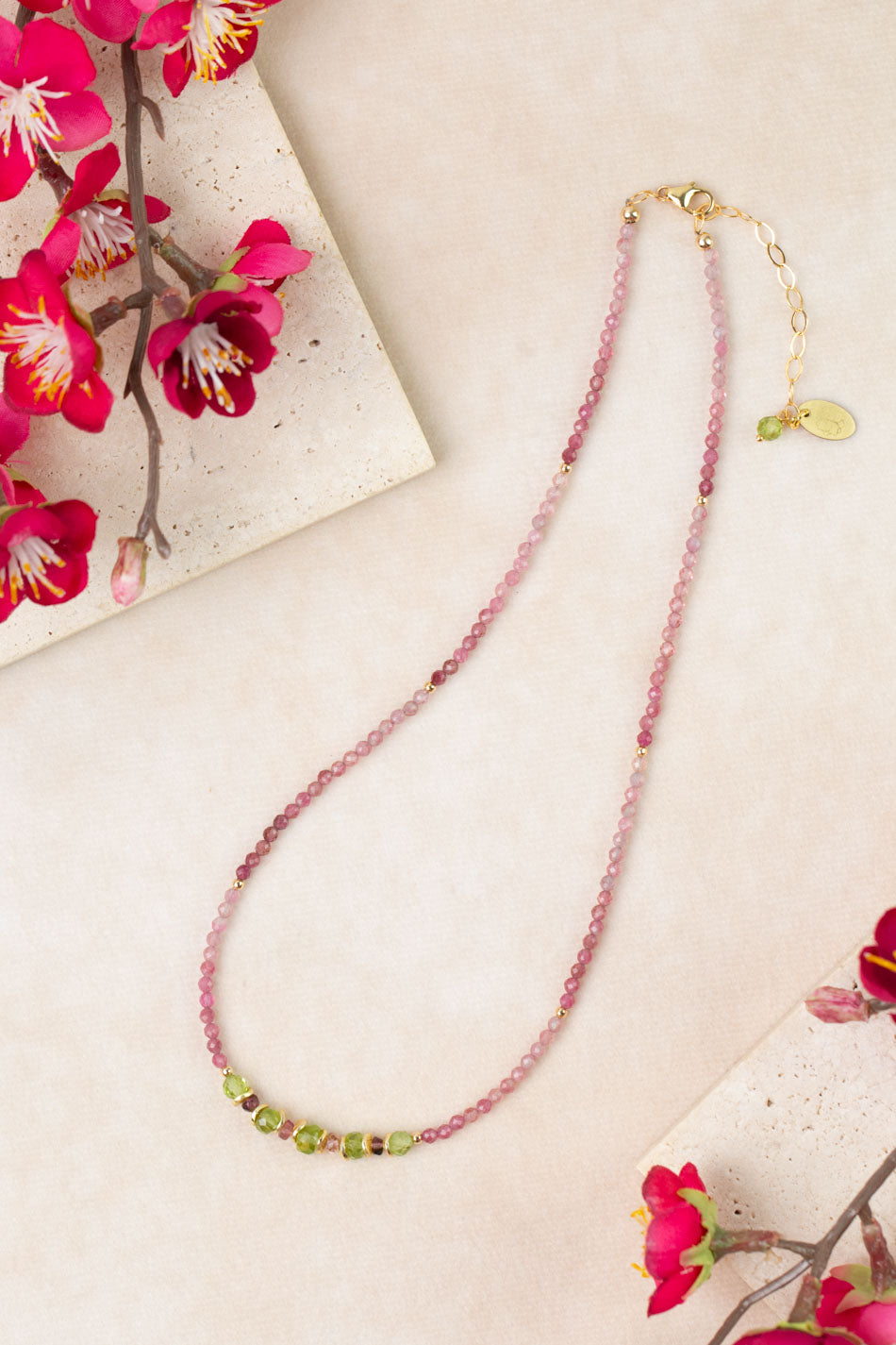 Persephone 15-17" Pink Tourmaline, Peridot, Watermelon Tourmaline Simple Necklace