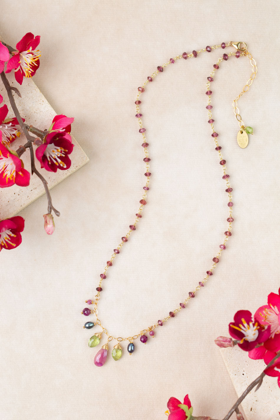 Persephone 16.5-18.5" Peridot, Dyed Moonstone, Rhodolite Garnet Statement Necklace