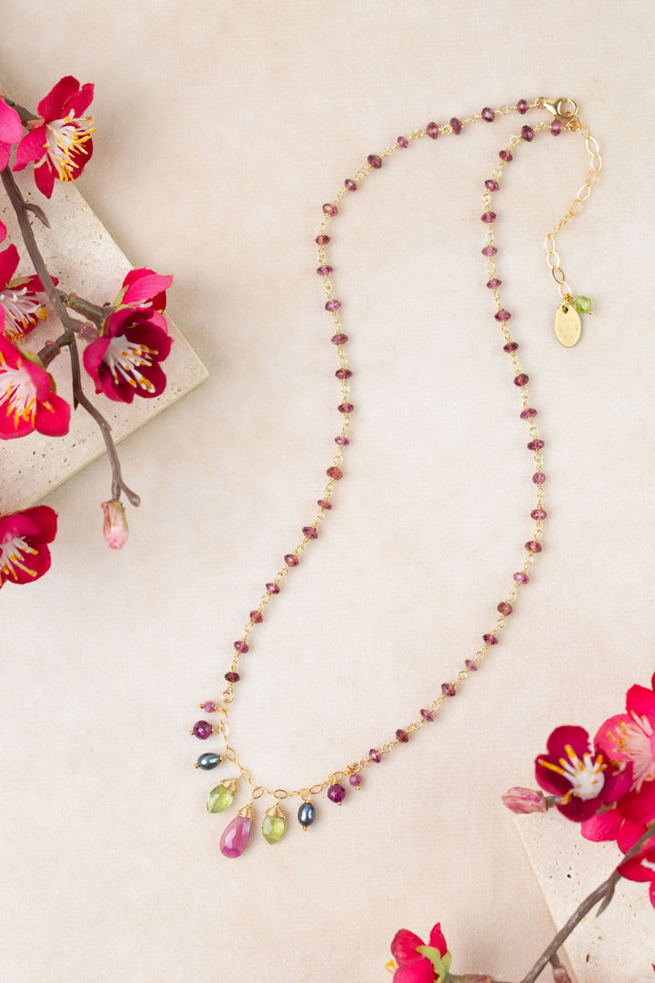 Persephone 16.5-18.5" Peridot, Dyed Moonstone, Rhodolite Garnet Statement Necklace