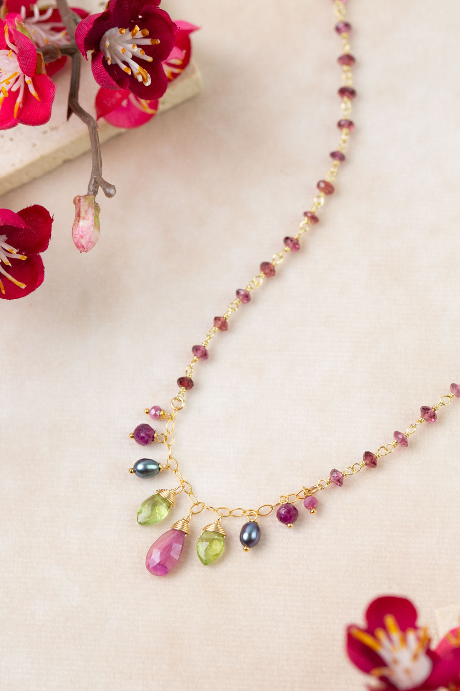 Persephone 16.5-18.5" Peridot, Dyed Moonstone, Rhodolite Garnet Statement Necklace