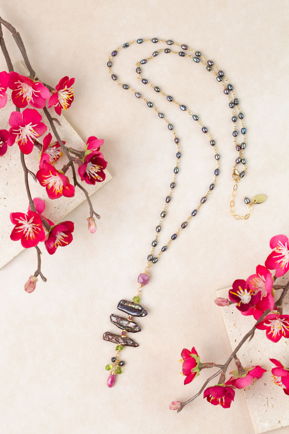 Persephone 39.5-41.5" Peridot, Pink Tourmaline, Rhodolite Garnet Collage Necklace