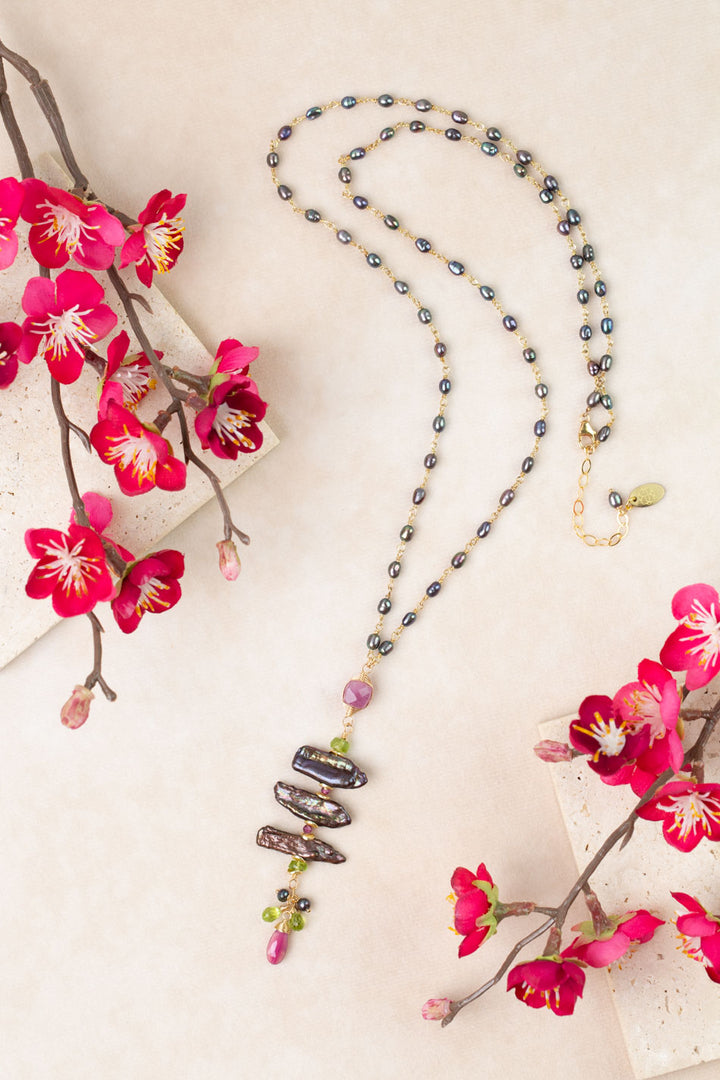 Persephone 26-28" Peridot, Freshwater Pearl, Ruby Statement Necklace