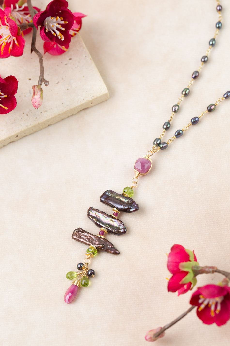 Persephone 26-28" Peridot, Freshwater Pearl, Ruby Statement Necklace