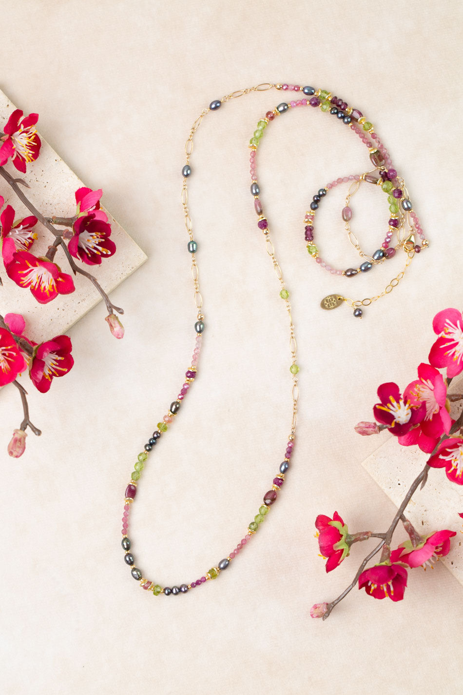 Persephone 36.5-38.5" Peridot, Pink Tourmaline, Rhodolite Garnet Collage Necklace