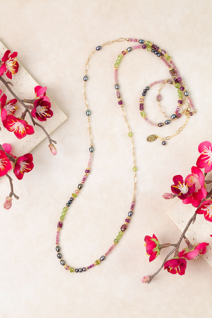 Persephone 36.5-38.5" Peridot, Pink Tourmaline, Rhodolite Garnet Collage Necklace