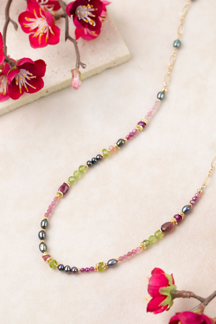 Persephone 36.5-38.5" Peridot, Pink Tourmaline, Rhodolite Garnet Collage Necklace
