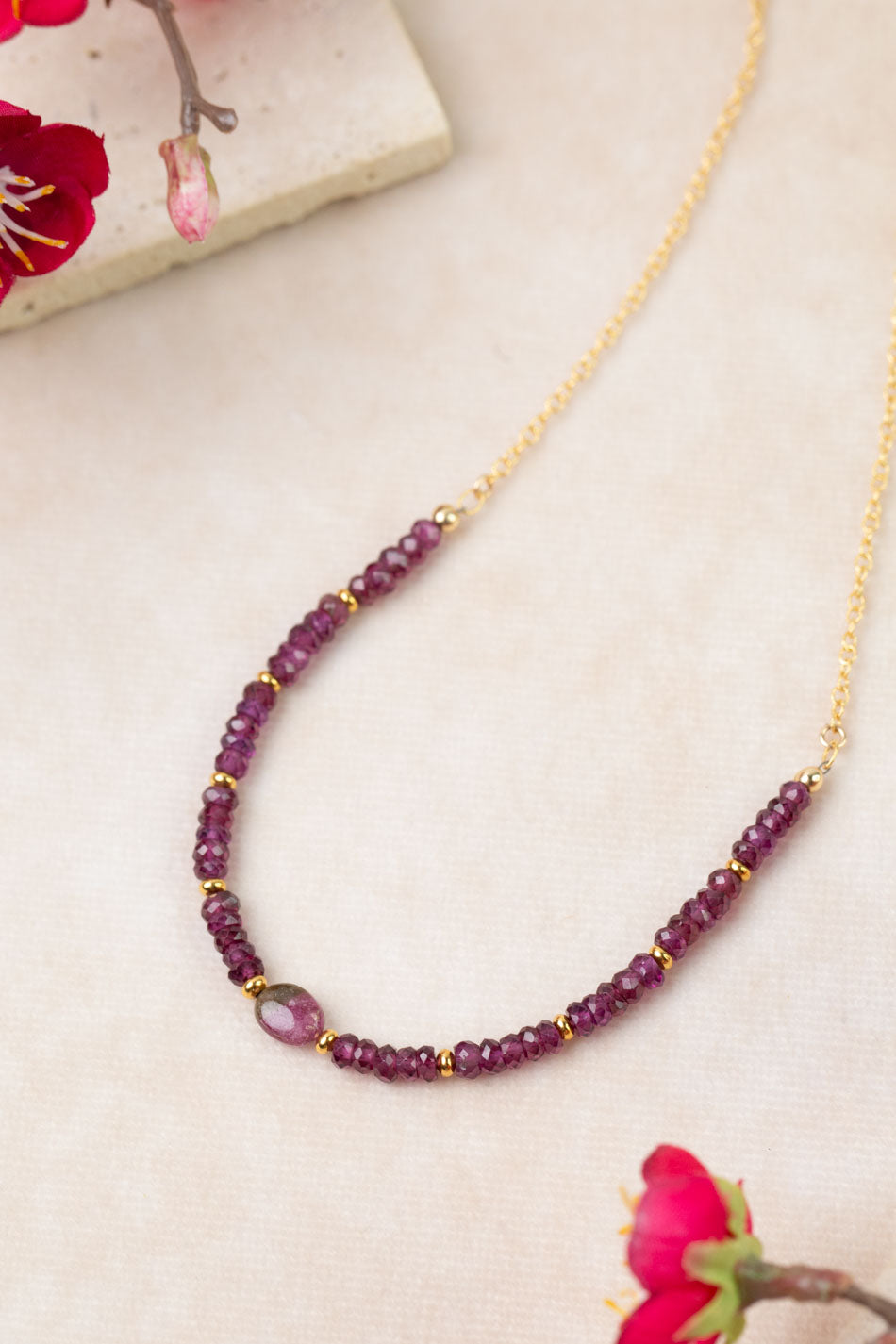 Persephone 15-17" Watermelon Tourmaline, Rhodolite Garnet Simple Necklace