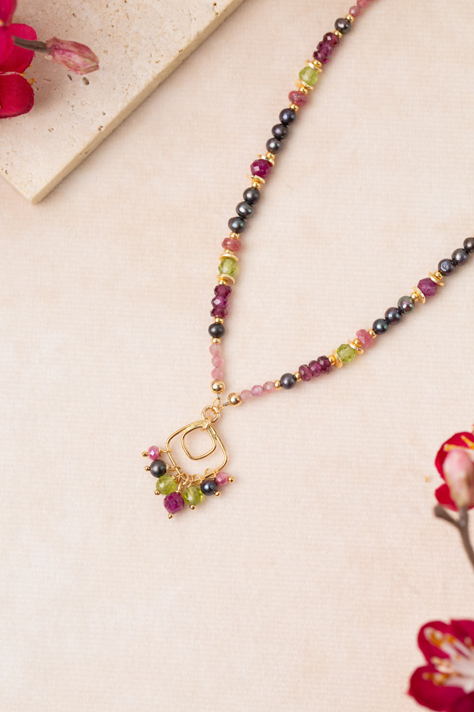Persephone 17-19" Freshwater Pearl, Rhodolite Garnet, Peridot Cluster Necklace