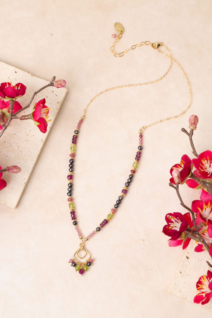 Persephone 17-19" Freshwater Pearl, Rhodolite Garnet, Peridot Cluster Necklace
