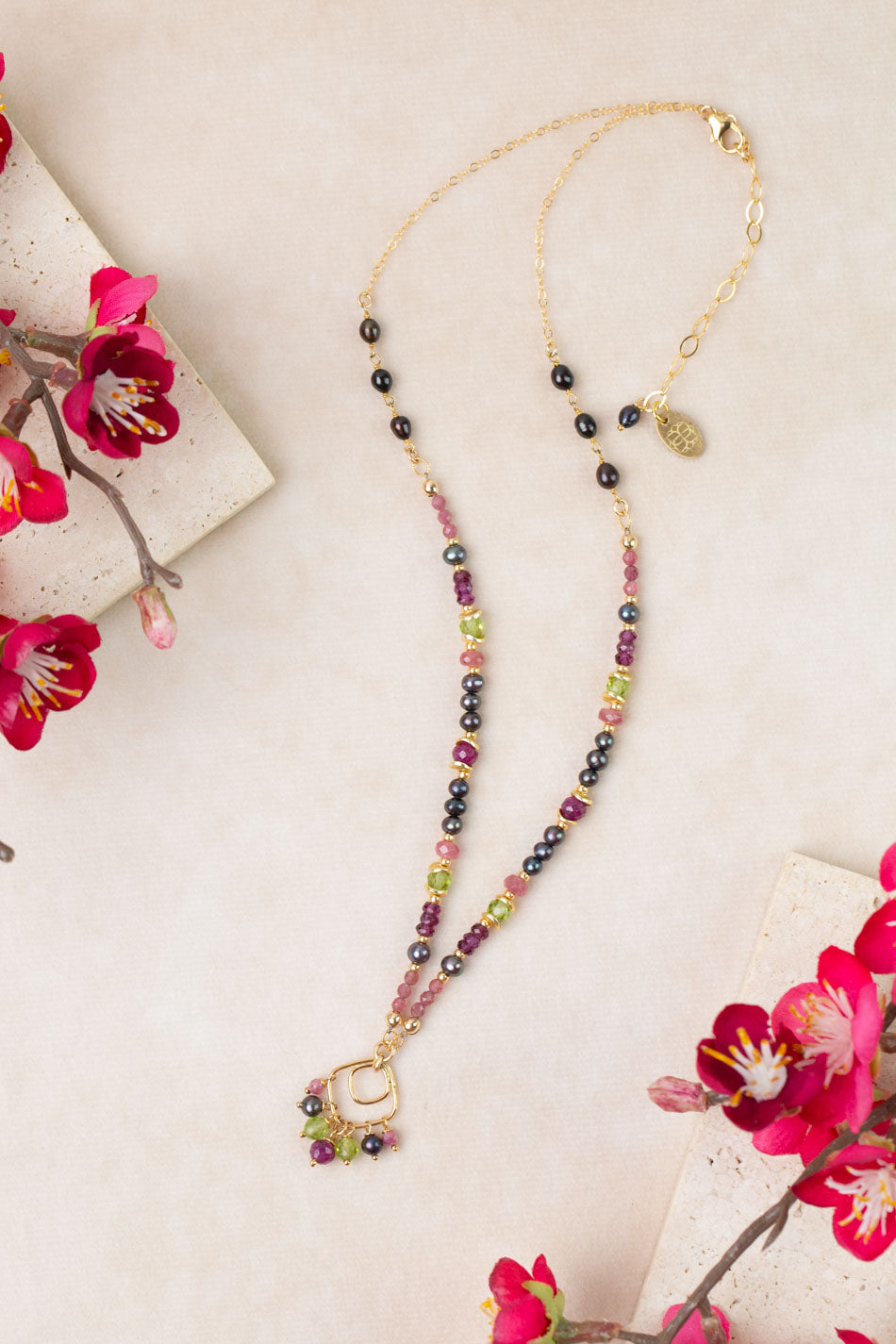 Persephone 17-19" Freshwater Pearl, Rhodolite Garnet, Peridot Cluster Necklace