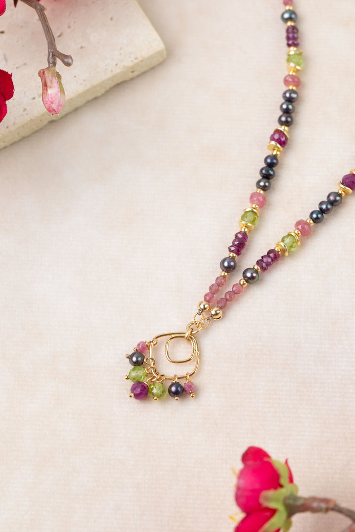 Persephone 17-19" Freshwater Pearl, Rhodolite Garnet, Peridot Cluster Necklace