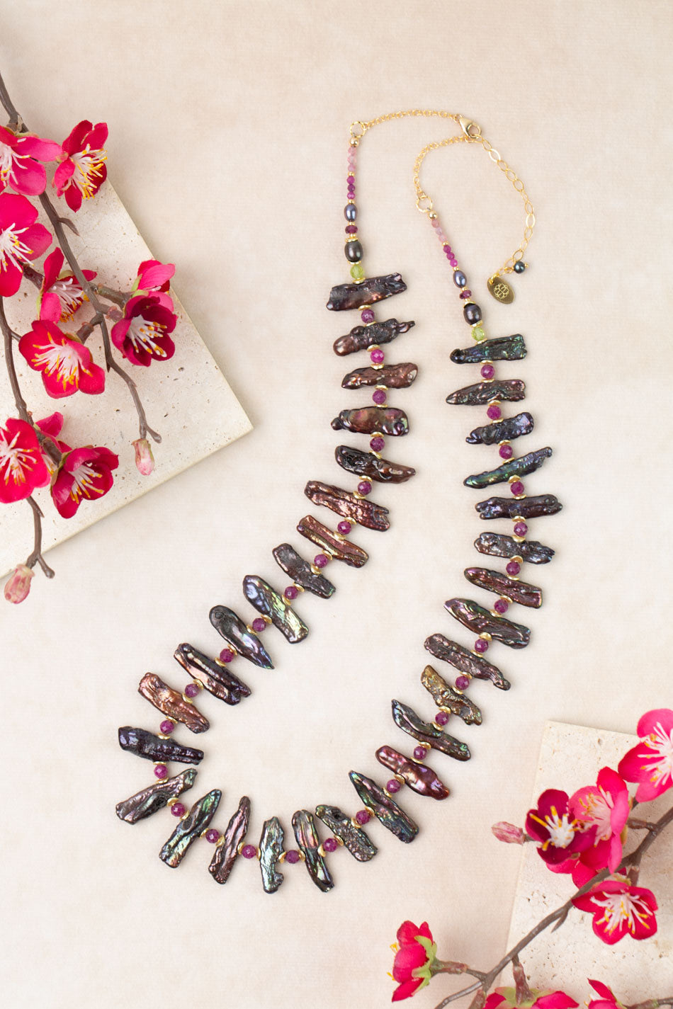 Persephone 22.5-24.5" Ruby, Freshwater Pearl, Peridot Statement Necklace