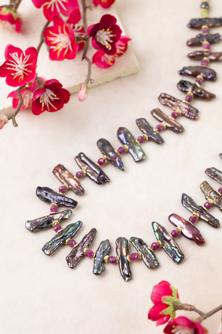 Persephone 22.5-24.5" Ruby, Freshwater Pearl, Peridot Statement Necklace