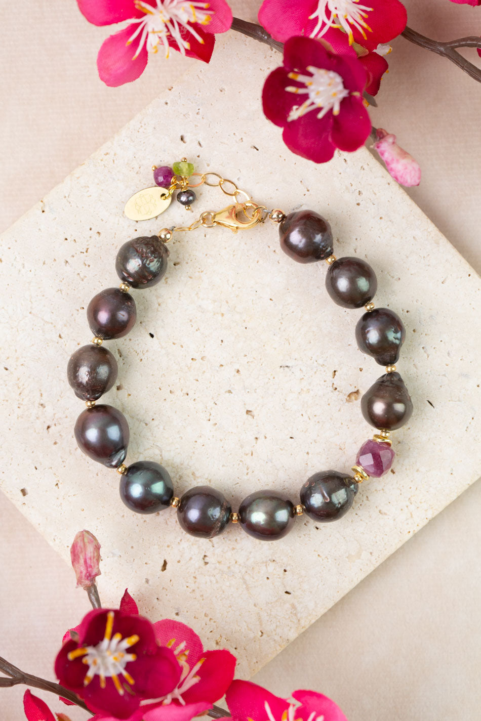 Persephone 7.5-8.5" Ruby, Freshwater Pearl, Peridot Simple Bracelet