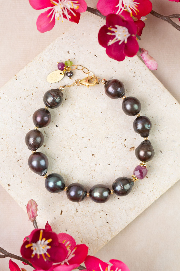 Persephone 7.5-8.5" Ruby, Freshwater Pearl, Peridot Simple Bracelet