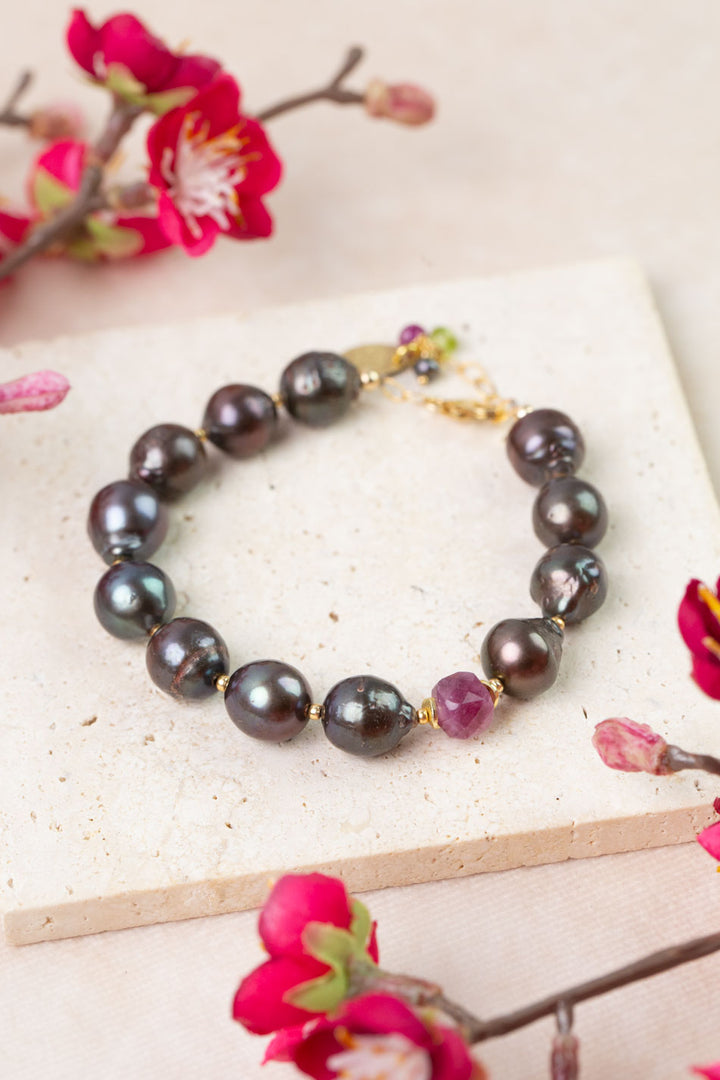 Persephone 7.5-8.5" Ruby, Freshwater Pearl, Peridot Simple Bracelet