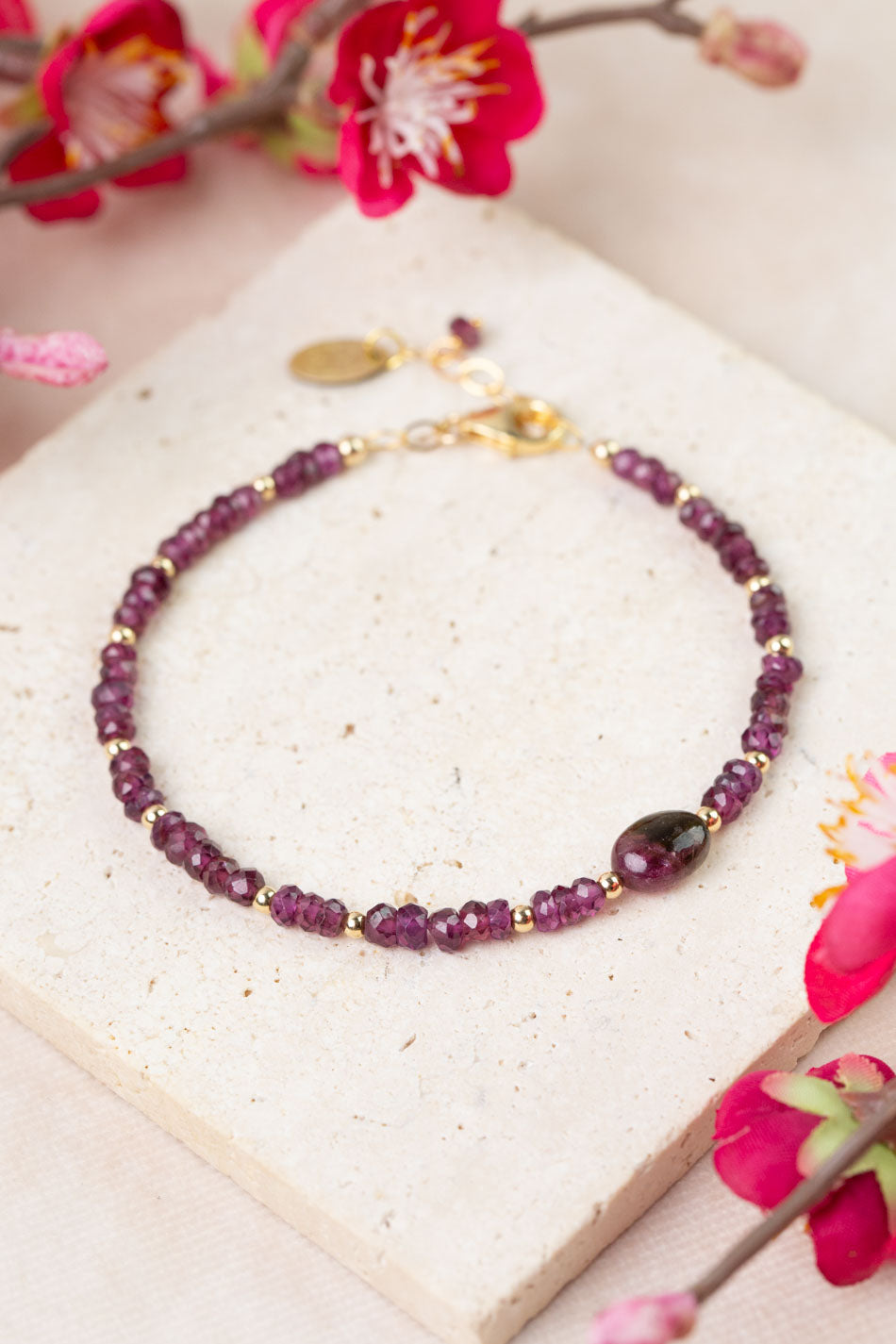 Persephone 7.5-8.5" Watermelon Tourmaline, Rhodolite Garnet Simple Bracelet