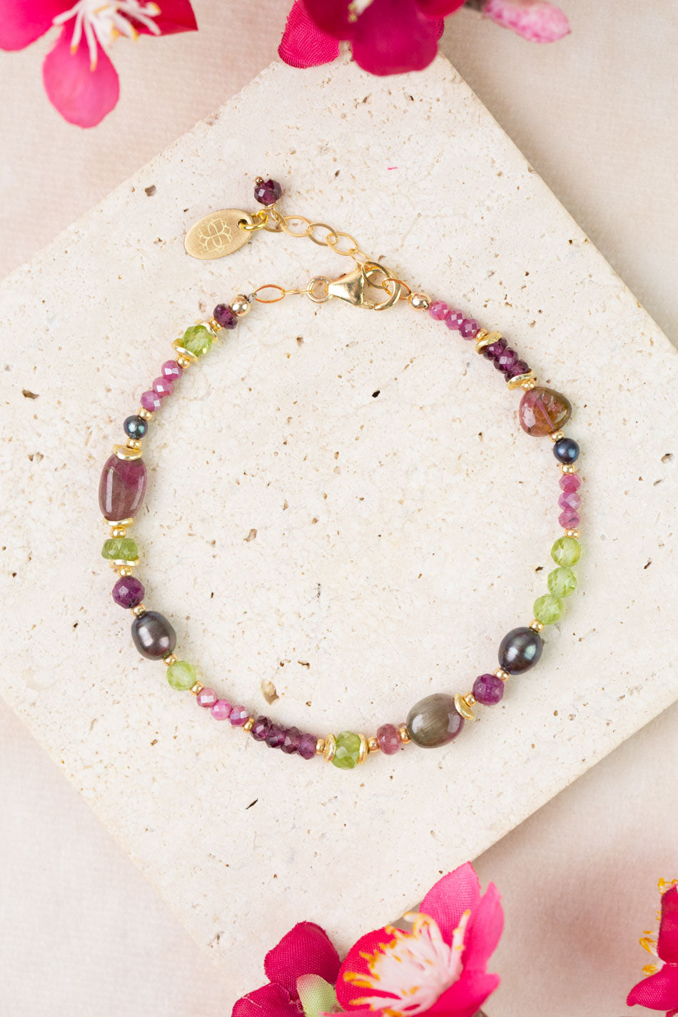 Persephone 7.5-8.5" Watermelon Tourmaline, Rhodolite Garnet, Peridot Collage Bracelet