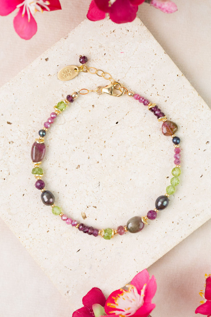 Persephone 7.5-8.5" Watermelon Tourmaline, Rhodolite Garnet, Peridot Collage Bracelet