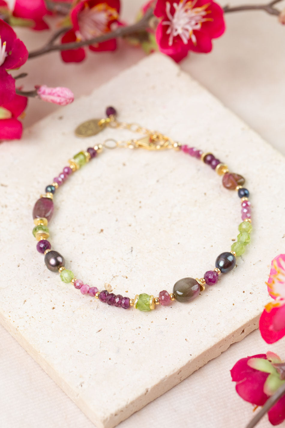 Persephone 7.5-8.5" Watermelon Tourmaline, Rhodolite Garnet, Peridot Collage Bracelet