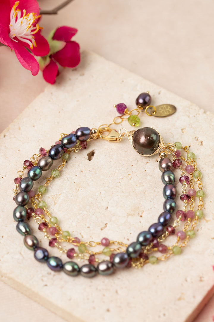 Persephone 7.5-8.5" Peridot and Pearl Focal Multistrand Bracelet