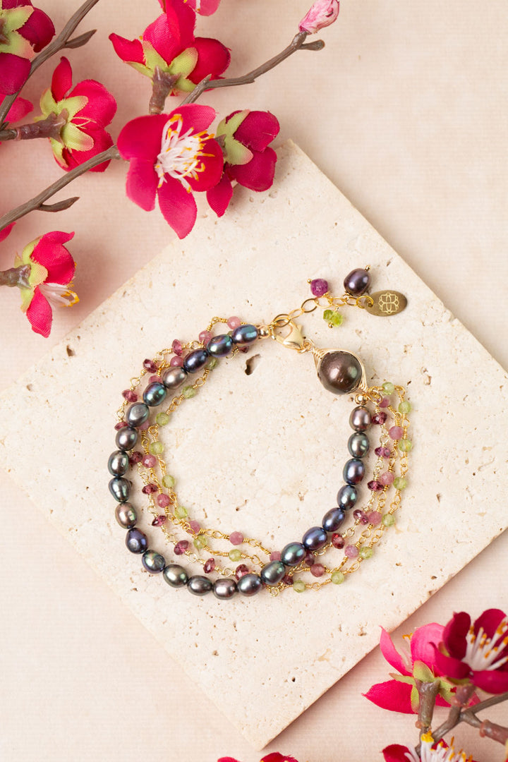 Persephone 7.5-8.5" Peridot and Pearl Focal Multistrand Bracelet