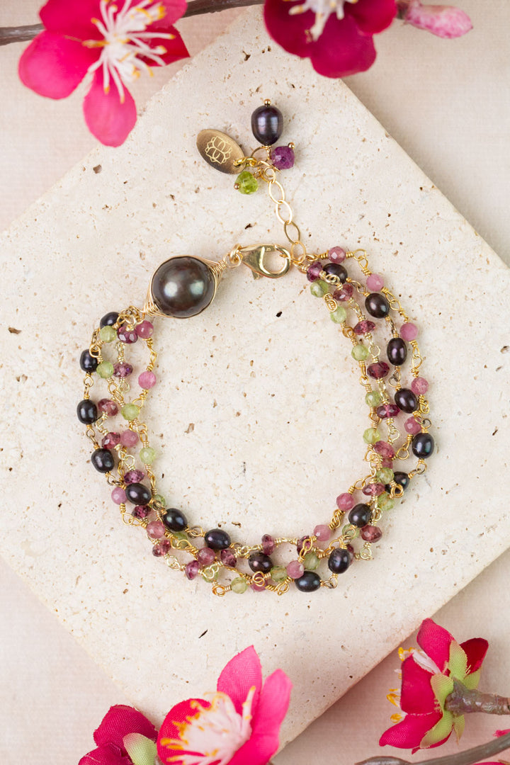 Persephone 7.5-8.5" Peridot, Freshwater Pearl, Rhodolite Garnet Multistrand Bracelet
