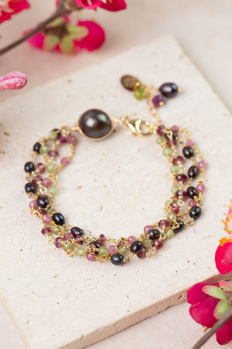 Persephone 7.5-8.5" Peridot, Freshwater Pearl, Rhodolite Garnet Multistrand Bracelet
