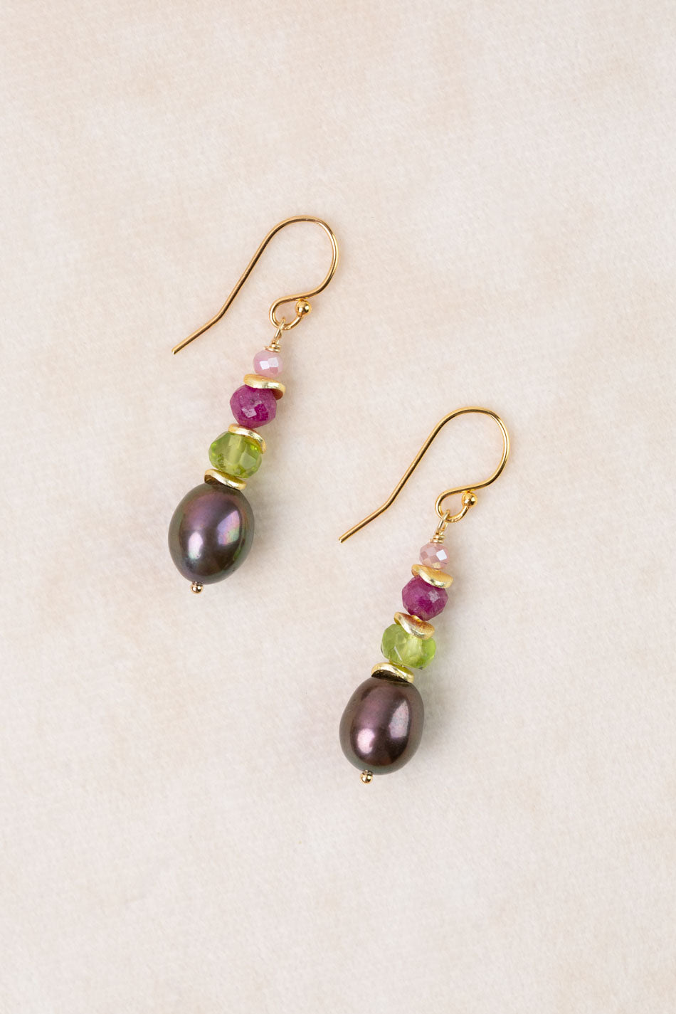 Persephone Peridot, Freshwater Pearl, Ruby Simple Earrings