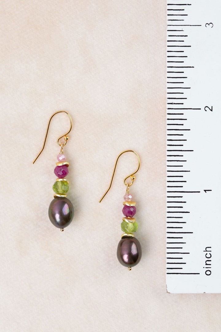 Persephone Peridot, Freshwater Pearl, Ruby Simple Earrings