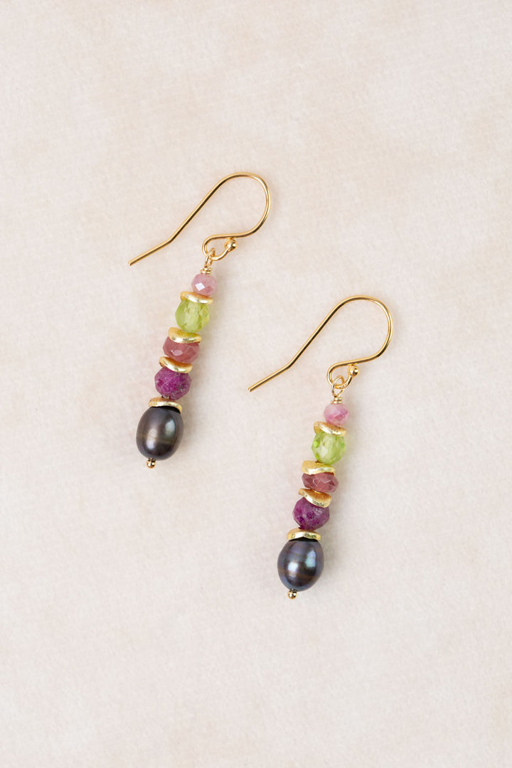 Persephone Peridot, Freshwater Pearl, Ruby Simple Earrings