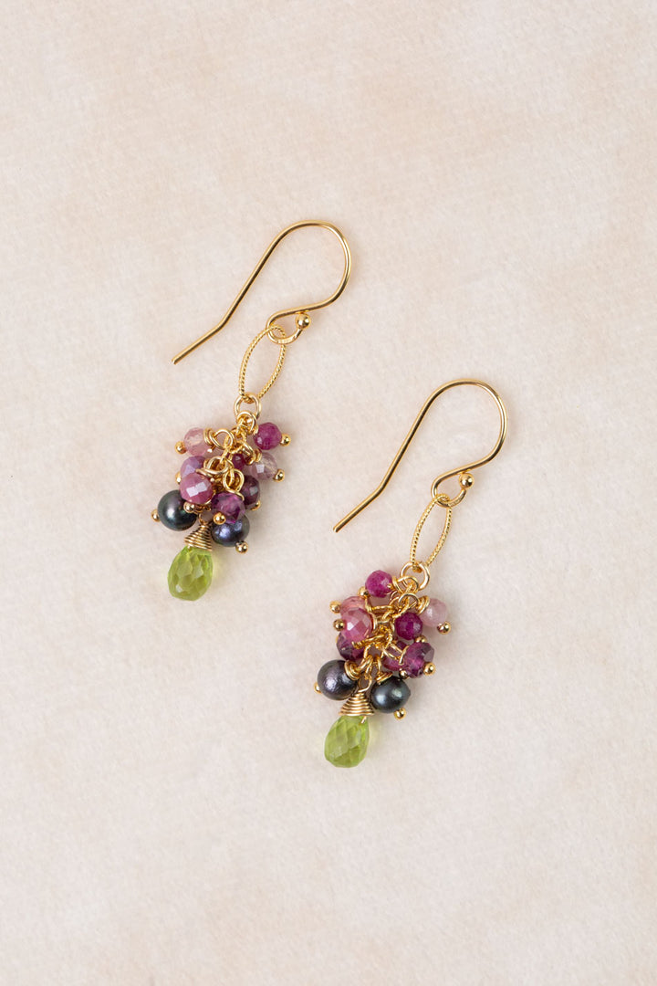 Persephone Freshwater Pearl, Peridot, Rhodolite Garnet Cluster Earrings