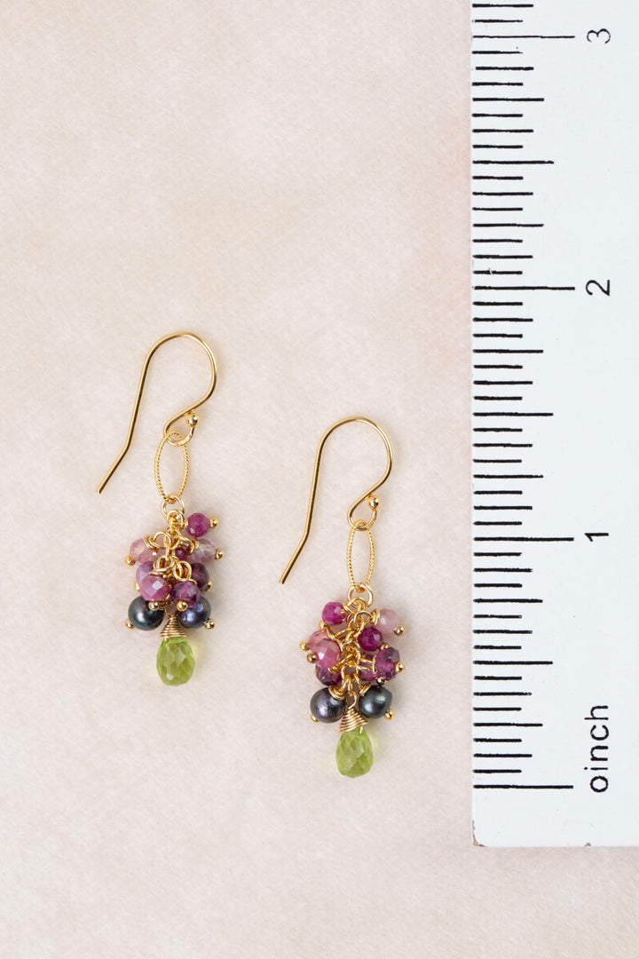 Persephone Freshwater Pearl, Peridot, Rhodolite Garnet Cluster Earrings