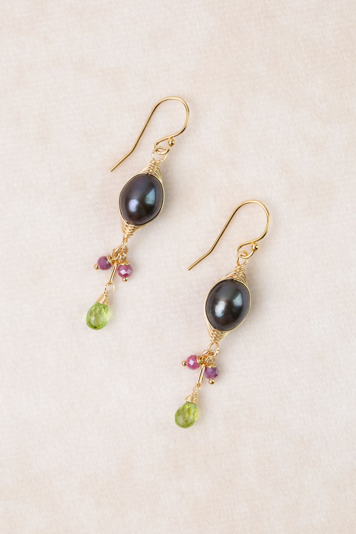 Persephone Peridot, Freshwater Pearl, Dyed Moonstone Herringbone Earrings