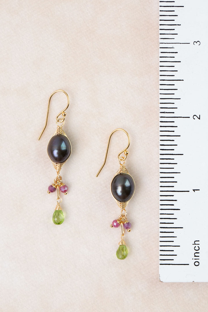Persephone Peridot, Freshwater Pearl, Dyed Moonstone Herringbone Earrings