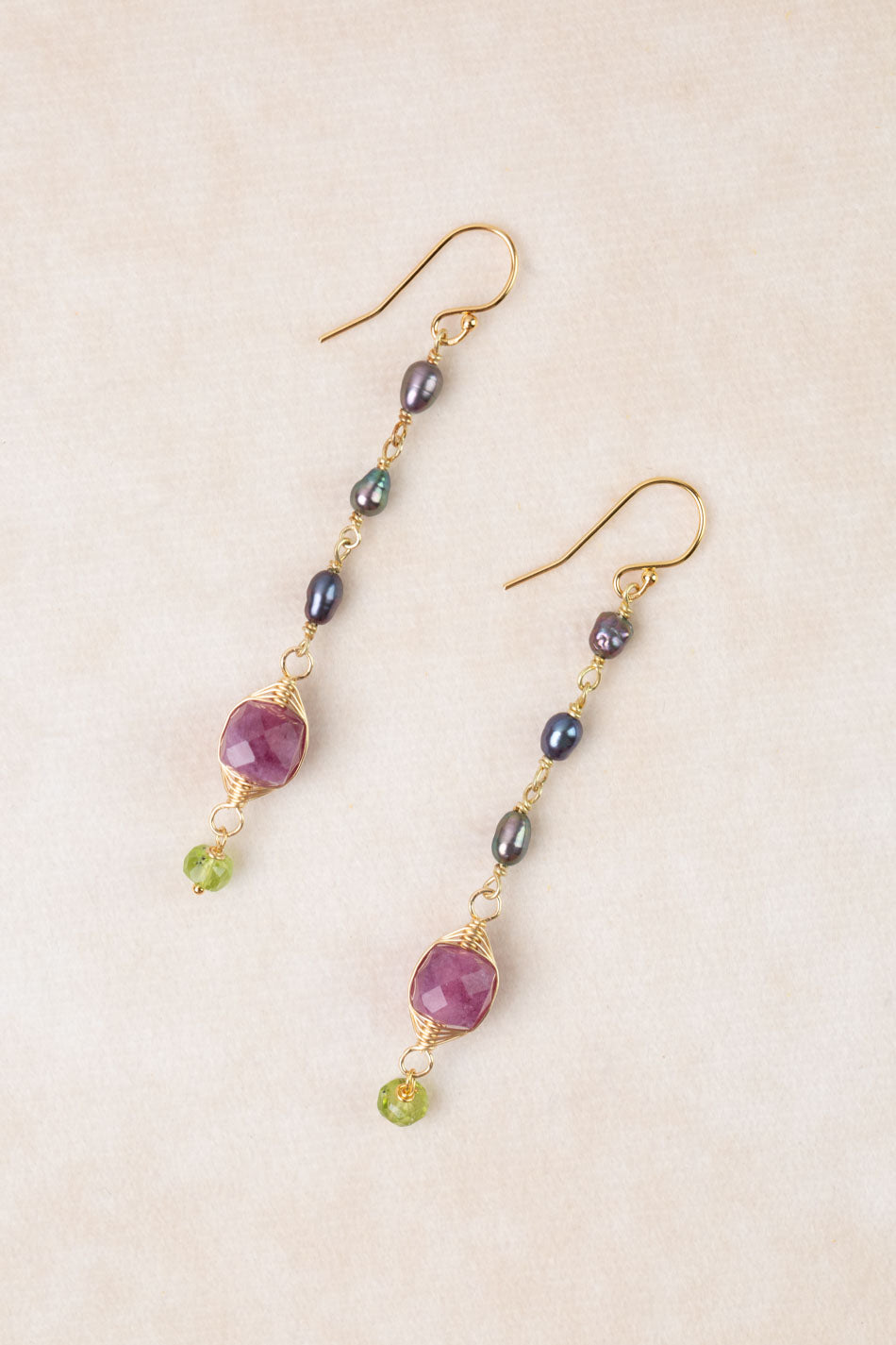 Persephone Ruby, Freshwater Pearl, Peridot Herringbone Earrings