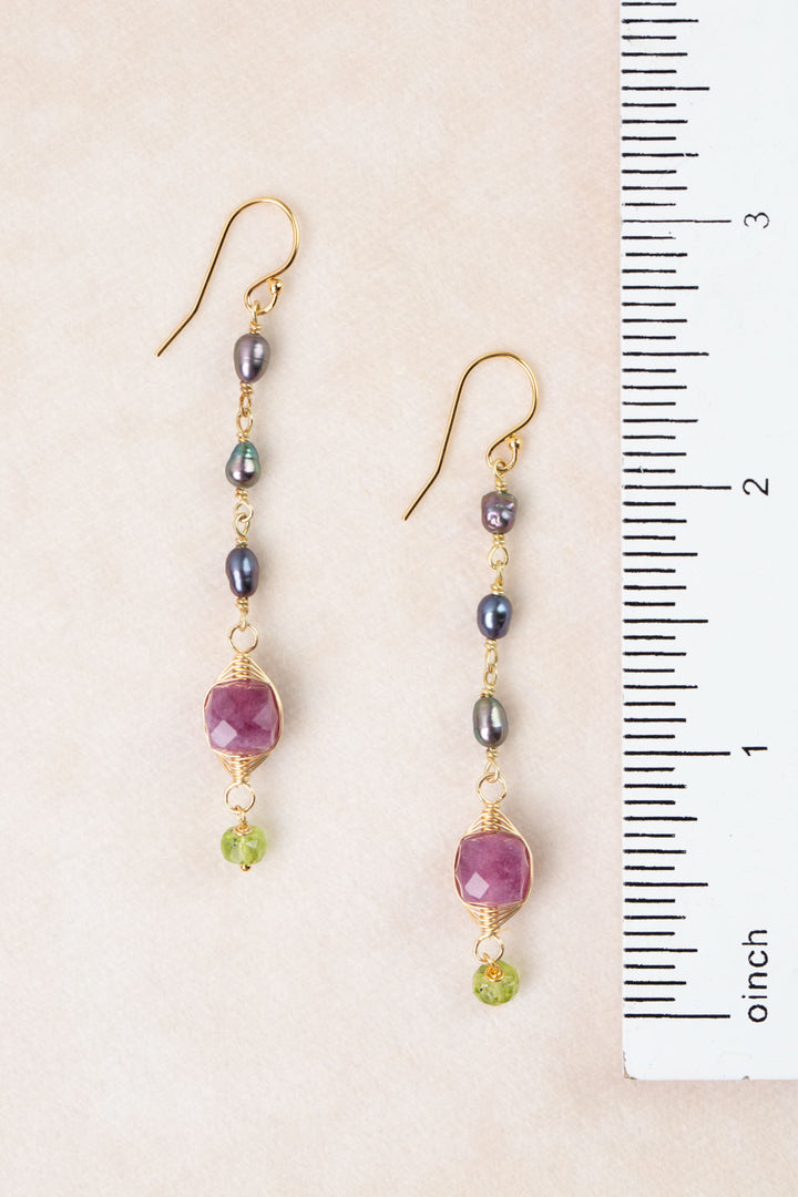 Persephone Ruby, Freshwater Pearl, Peridot Herringbone Earrings