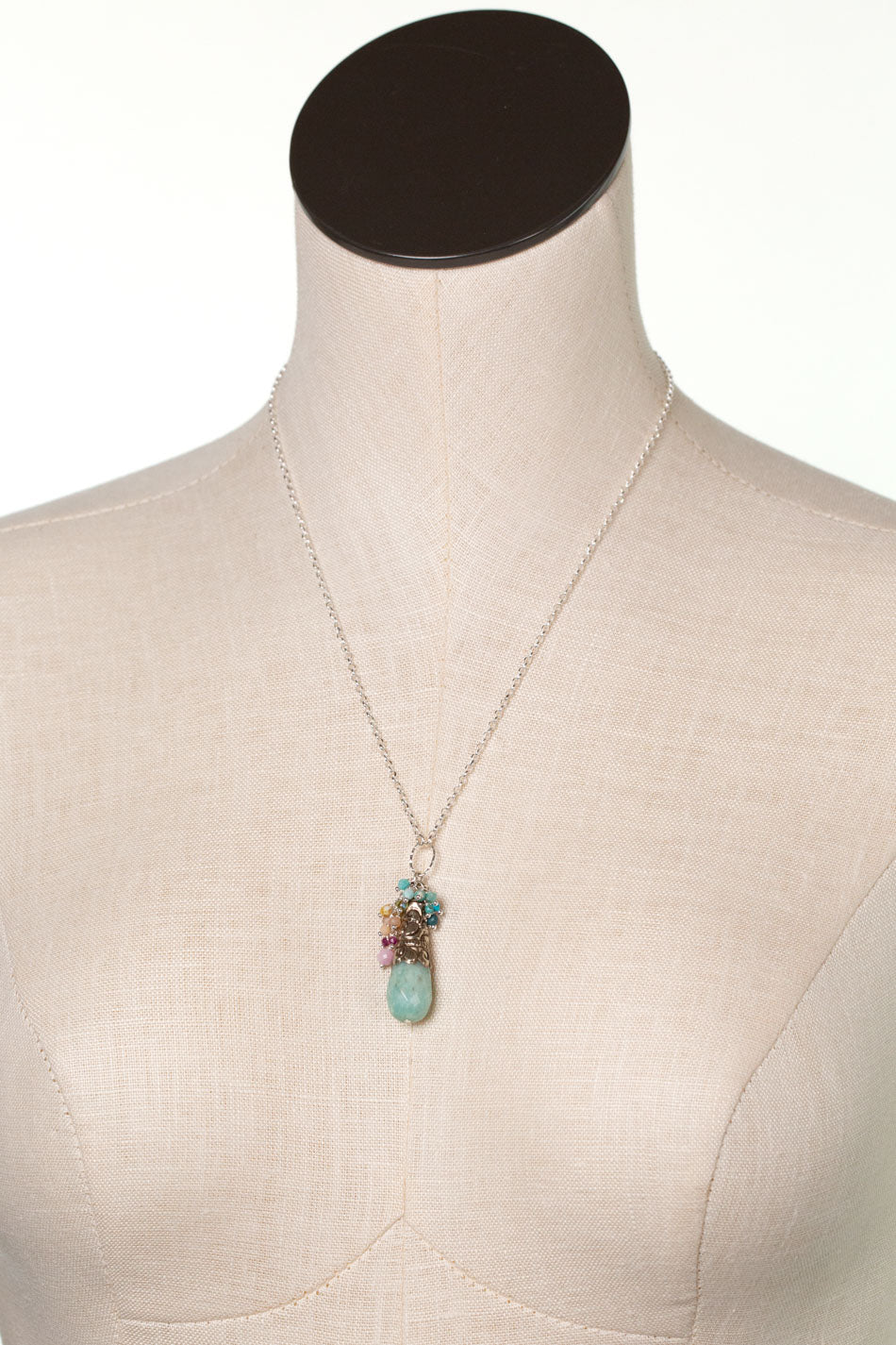 Primrose 19-21" Czech Glass, Turquoise, Kunzite with Amazonite Focal Drop Cluster Necklace