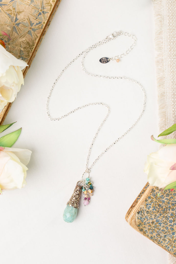 Primrose 19-21" Czech Glass, Turquoise, Kunzite with Amazonite Focal Drop Cluster Necklace