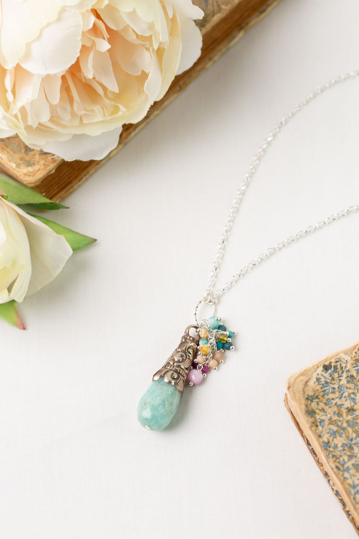 Primrose 19-21" Czech Glass, Turquoise, Kunzite with Amazonite Focal Drop Cluster Necklace