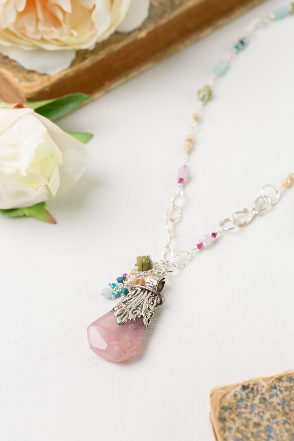 Primrose 31.5" Kunzite, Turquoise, Amazonite with Rose Quartz Pendant Cluster Necklace
